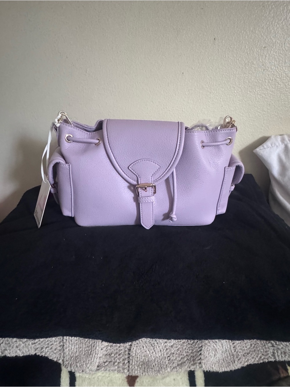 Lilac Buckle-Front Drawstring Shoulder Bag for Women